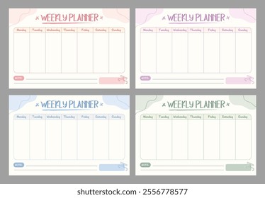 Set of pastel Digital weekly planner template, cute and adorable for tablet planner, horizontal, a4 size. Simple, lovely, girlie, coquette vibe with pink line and box. Doodle schedule note journaling