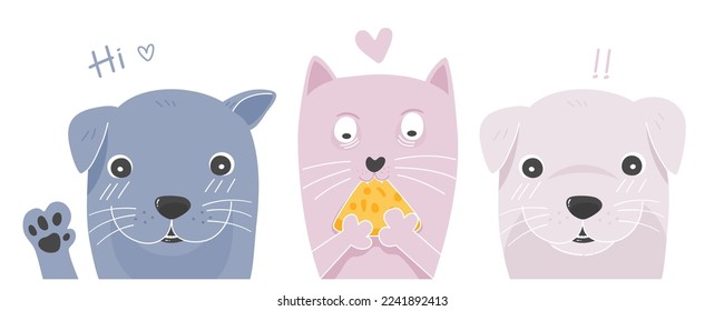 Set of pastel doodle cute puppys and a kitten eating pizza in flat vector.