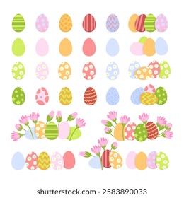 Set of pastel Easter eggs, egg arrangements and spring flowers