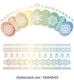 Set of pastel Easter eggs with traditional wax decor and borders