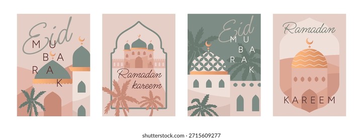 Conjunto de tarjetas de felicitación al pastel Eid y Ramadán con cúpulas de mezquita, minaretes, lunas medias lunas y palmeras. Arquitectura islámica suave, tema religioso pacífico. Ilustración vectorial para tarjetas festivas y Web.