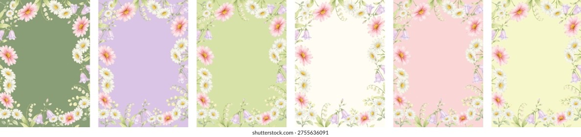 Set of pastel floral frames with soft watercolor daisies and spring flowers. Perfect for Easter invitations, Mother’s Day cards, greeting templates and printable decor