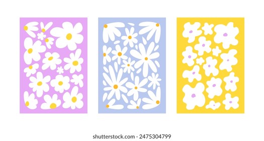 Set of pastel floral posters in retro groovy style. Vector flat illustrations with abstract flowers. Cute naive art