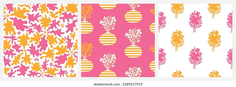 Set of pastel floral seamless repeat pattern design girly feminine matisse artwork flower vase bouquet pattern for print. fashion fabric textile print vector graphic 