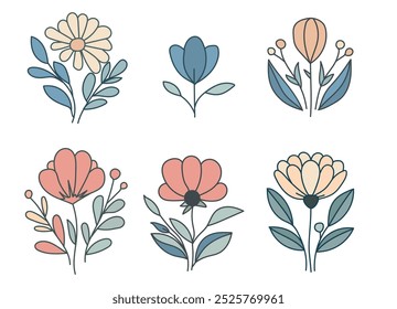 A set of pastel  flower bouquet. Blooming spring flowers in elegant ceramic vases. Flowers in pastel colors.eps 10.