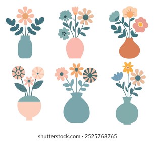 A set of pastel  flower vases. Blooming spring flowers in elegant ceramic vases. Flowers in pastel colors.eps 10.