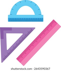 Set of pastel geometric rulers. Vector illustration of a ruler measuring tool. Stationery for geometry projects, school and office supplies.