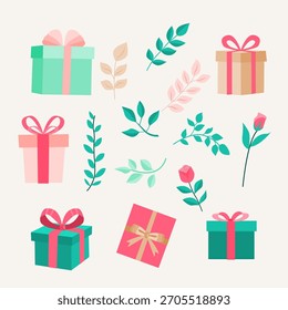 A set of pastel gift boxes, leaves, and roses ideal for greeting cards, holiday designs, and romantic decorations.
