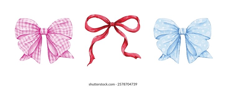 Set of pastel gift ribbon bow illustrations in watercolor. Elements perfect for graphic design, gift wrapping, greeting cards, stickers, product labels, or decorative projects.