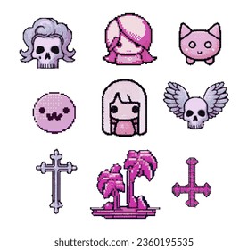 Set of pastel goth vaporwave style stickers with crosses, skulls and other elements in pink cute color palette. Design pixel asset for logotypes, video game icons.