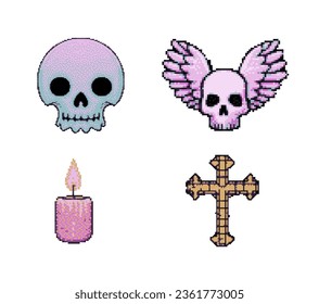 Set of pastel goth vaporwave style stickers with crosses, skulls and other elements in pink cute color palette. Design pixel asset for logotypes, video game icons.