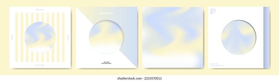 Juego de pósters de cubierta de tarjeta degradada Pastel en marcos geométricos y fondo. Afiches cuadrados de gradiente líquido minimalista en colores vivos y coloridos. Juego de tarjetas de degradado de moda. Ilustración vectorial.