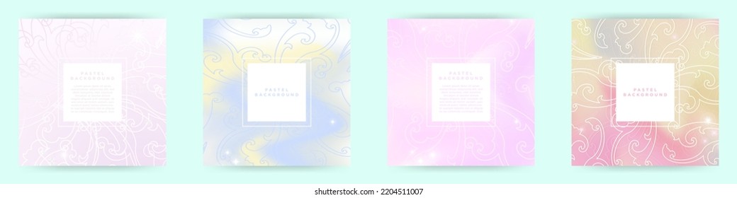 Set of Pastel Gradient Templates with white geometric space for text in center, white florid designs and glittering stars. Vector Template. Perfect for cards, invite, designs, feeds, social media post