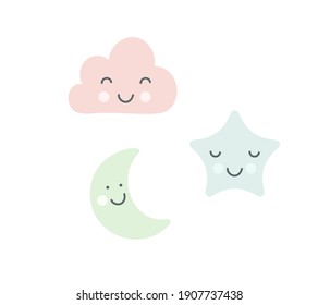 Set of pastel green moon, blue sleepy star and pink cloud for baby room decoration. Childish style colors. Perfect for fabric print logo sign cards banners. Vector kids wall art design.