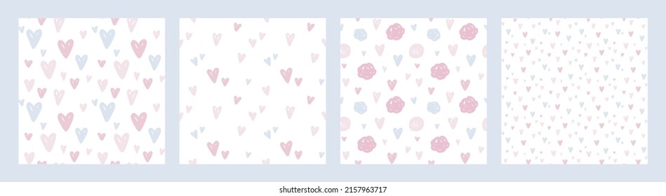 Set of Pastel Hearts Seamless Vector Patterns in Romantic Style. Background for nursery room, for kids apparel, wrapping paper, Valentine's Day, Mother's Day, wedding, scrapbooking