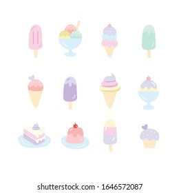 Set of Pastel Ice cream and Dessets Vector Cartoon isolated on white background