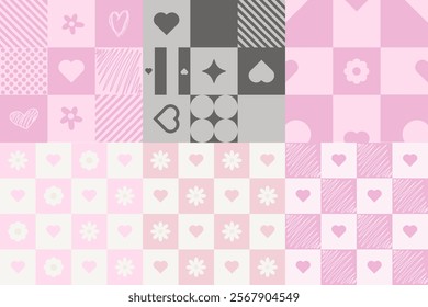 Set of Pastel Love heart seamless patterns in checkered designs. Cute heart and floral icon tiles in pastel pink and red. Valentine's day repeatable pattern background. Hearts, flower, doodle, checker