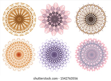 Set of pastel mandala patterns. Decorative round ornaments. Anti-stress therapy patterns. Weave design elements. Yoga logos, backgrounds for meditation poster. Unusual flower shape. Vector.