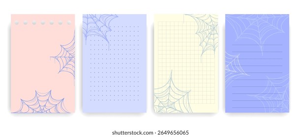 Set of pastel note papers featuring spider web designs with lined, grid, and dotted layouts, ideal for bullet journaling, Halloween themed planners, stationery, printable to-do lists and notes.Vector