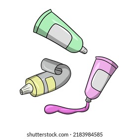 A set of pastel pictures, different tubes of paints, toothpaste, hand and face cream, glue. Vector illustration in cartoon style on a white background