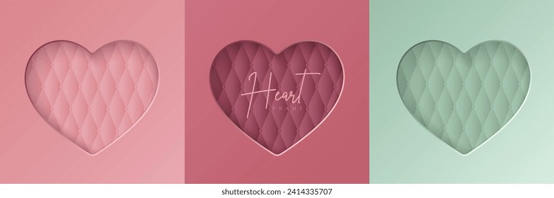 Set of pastel pink and mint green soft 3D heart shape frame design. Collection of geometric backdrop for cosmetic product display,  valentine day festival design,  presentation, banner, cover and web.