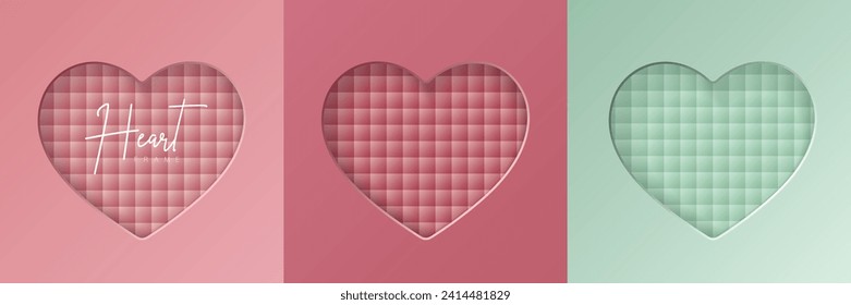 Set of pastel pink and mint green soft 3D heart shape frame design. Collection of geometric backdrop for cosmetic product display, valentine day festival design, presentation, banner, cover and web.