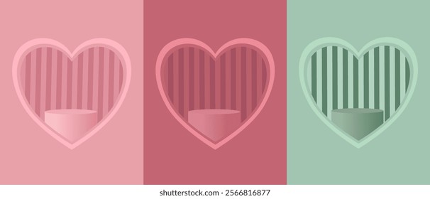 Set of pastel pink and mint green heart shape frame design. Collection of geometric backdrop for cosmetic product display, valentine day festival design, presentation, banner, cover and web