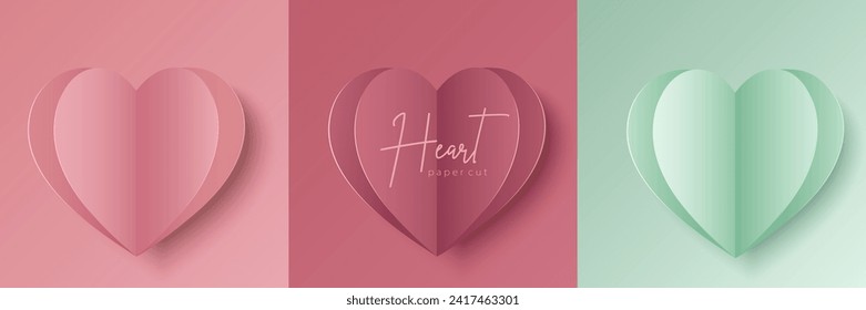 Conjunto de papel rosa pastel y papel de menta cortado en forma de corazón 3D. Colección de fondo geométrico para exposición de productos cosméticos, diseño de festival de día valentino, presentación, banner, portada y web.