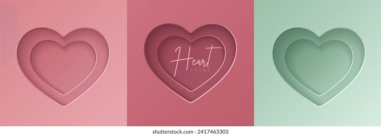 Set of pastel pink and mint paper cut 3D heart shape frame design. Collection of geometric backdrop for cosmetic product display, valentine day festival design, presentation, banner, cover and web.