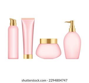 set of pastel pink plastic beauty containers cream lotion spray oil shampoo hand soap gel milk balm vector illustration Simulate the packaging of cosmetic products in tubes and bottles.