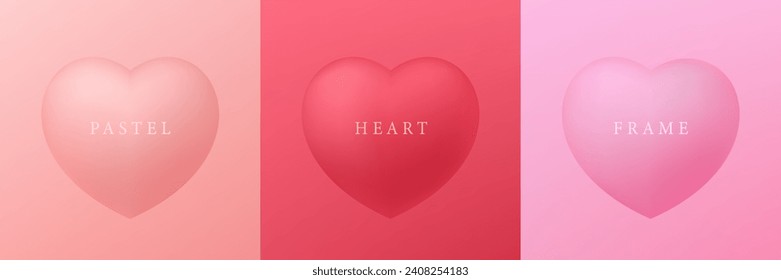 Conjunto de diseño de marco de forma de corazón en 3D y rosa pastel. Elementos para el diseño del festival del día de San Valentín. Colección de fondo cardíaco para la presentación de productos cosméticos. Vista superior. Ilustración vectorial.