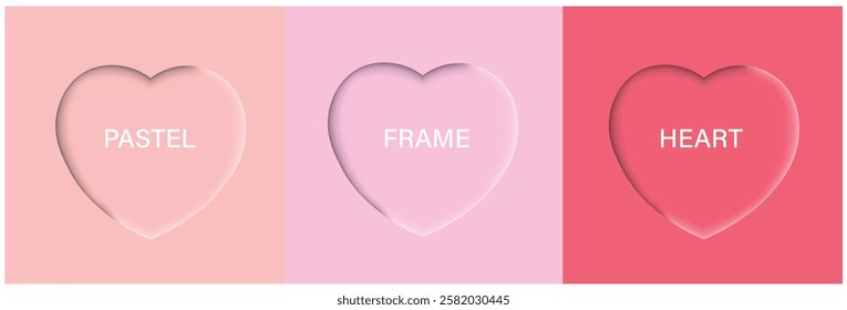 Set of pastel pink, and red 3D heart shape frame design. Elements for valentine day festival design. Collection of geometric backdrop for cosmetic product display. Top view. Vector illustration 