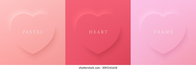 Set of pastel pink and red soft 3D heart shape frame design. Collection of geometric backdrop for cosmetic product display. Elements for valentine day festival design. Top view. Vector illustration - Shutterstock ID 2092141618