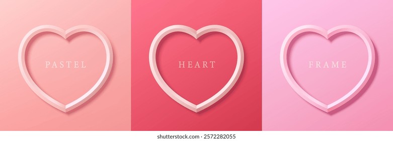 Set of pastel pink and red soft 3D heart shape frame design. Collection of geometric backdrop for cosmetic product display. Elements for valentine day festival design. Top view. Vector illustration.
