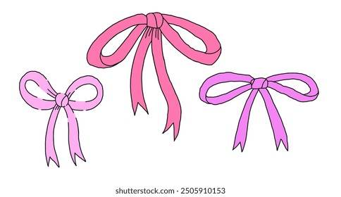 Set of pastel pink ribbon bows. Hand drawn decorative bow elements sketch style illustration.