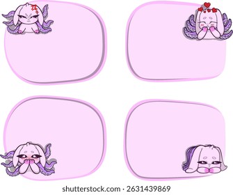 Set of pastel pink text frames featuring a sly bunny with tentacles growing from its back. Whimsical and surreal style.