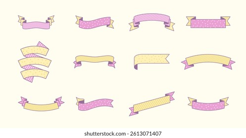Set of pastel pink and yellow ribbon banners for design elements.