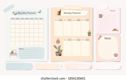 Set of pastel planner templet with monthly, weekly and note page design template