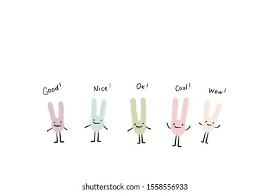 Set of pastel rabbits saying something hand drawn vector illustration in cartoon comic style lettering card poster print