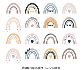 Set of pastel rainbow. Bohemian kids decoration. Boho clip art. Baby shower illustration.