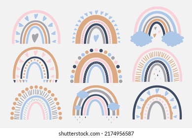 Rodeado de arcos pastel con corazones y nubes de estilo escandinavo, aislado en un fondo azul pastel. Ilustración vectorial para el diseño de tejidos para bebés, juguetes, libros, invitaciones