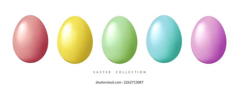 Set of pastel realistic Easter eggs on white background. Easter design element. Vector illustration.