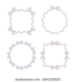Set of pastel ribbon frames with bows. Square and round shapes in soft pink and blue. Perfect for wedding cards, baby shower, invitations, and feminine designs.