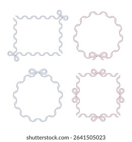 Set of pastel ribbon frames with bows. Square and round shapes in soft pink and blue. Perfect for wedding cards, baby shower, invitations, and feminine designs.