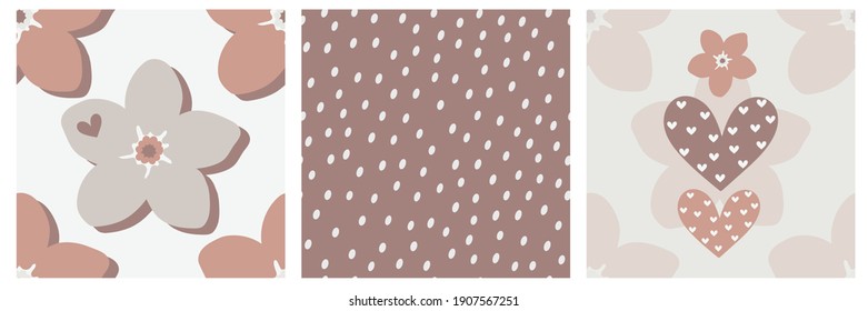 Conjunto de motivos de flores, corazones y puntos de color pastel sin costura para imprimir sobre papel festivo, tela, textiles, ropa de cama y colchas. Ilustración vectorial.