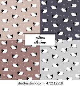 Set of  pastel seamless patterns with sheep and star. Vector backgrounds