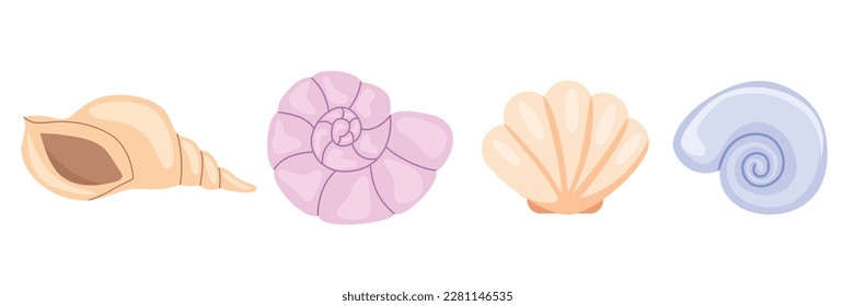 Set of pastel shells. Collection of shell. Vector illustration.