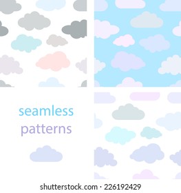 Set of pastel  simple seamless backgrounds with colorful cartoon-like clouds