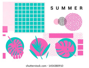 Set of pastel simple universal geometric shapes and palm leaves. Summer party event poster, sale promo, music cover in vaporwave/ retrowave 80s-90s style.