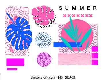Set of pastel simple universal geometric shapes and palm leaves. Summer party event poster, sale promo, music cover in vaporwave/ retrowave 80s-90s style.